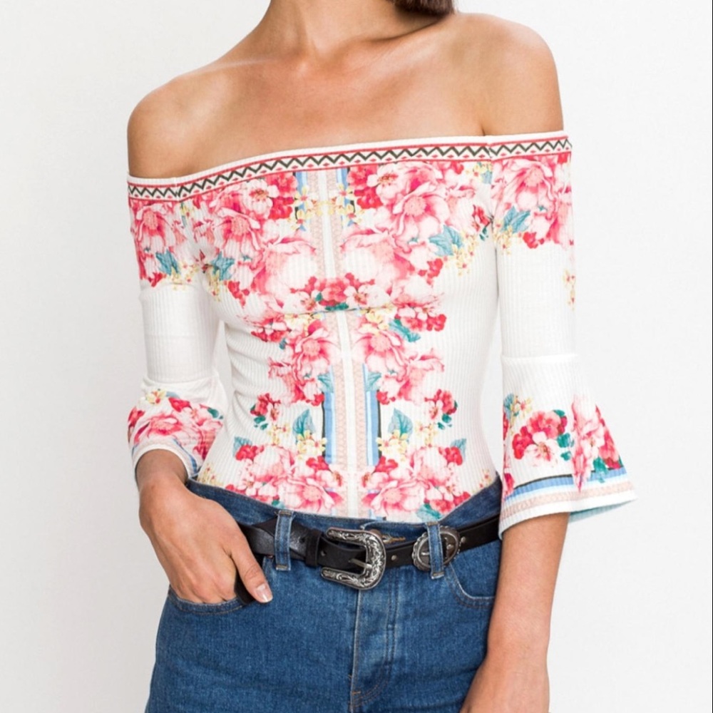 Flying tomato off the shoulder floral bodysuit